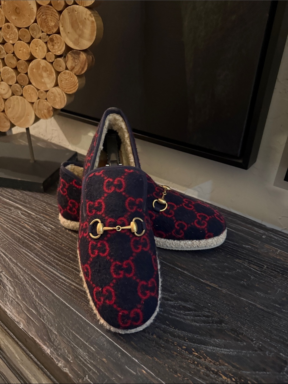 Gucci Navy & Red GG Wool Horsebit Loafers